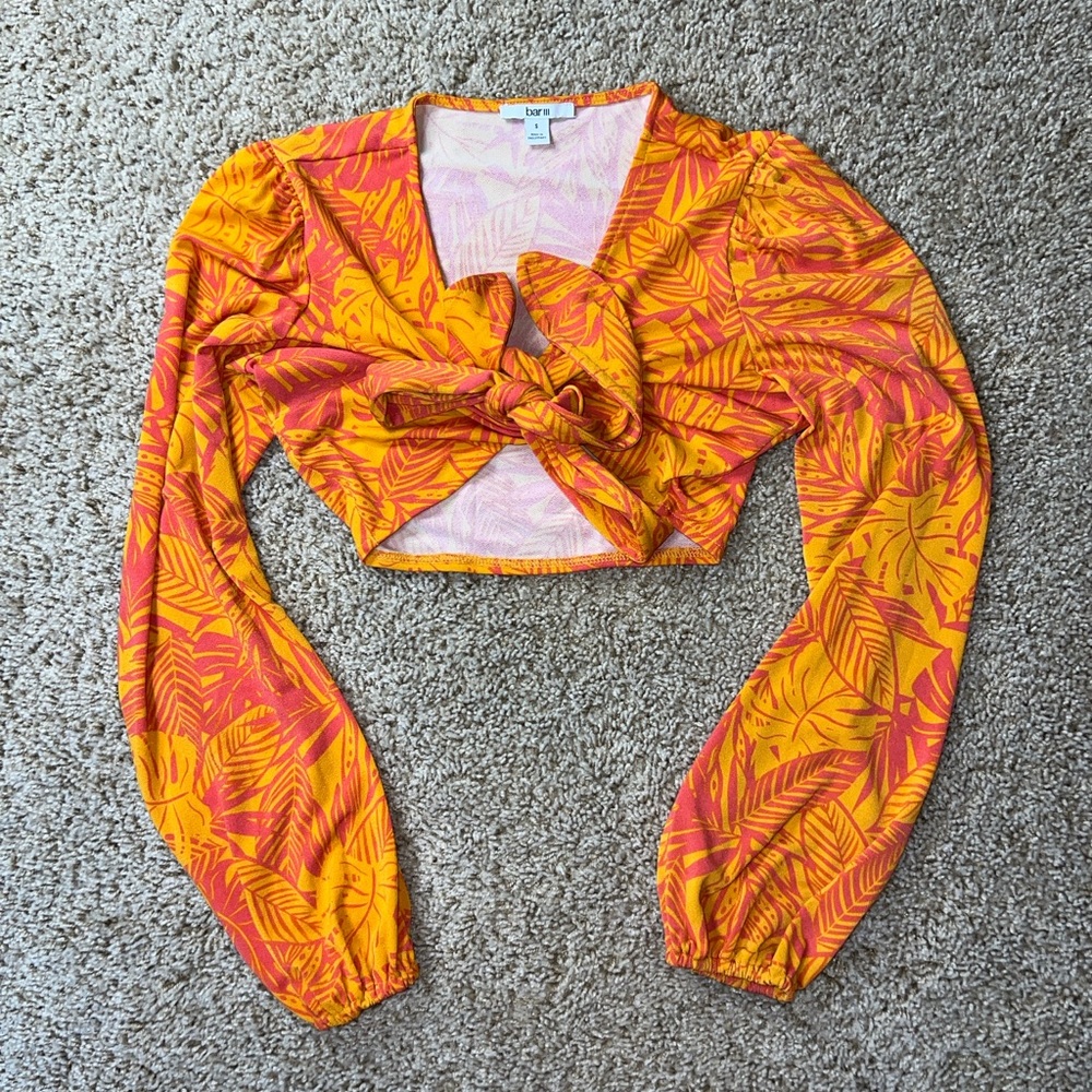 Bar III Orange and Yellow Tie Front Crop Blouse